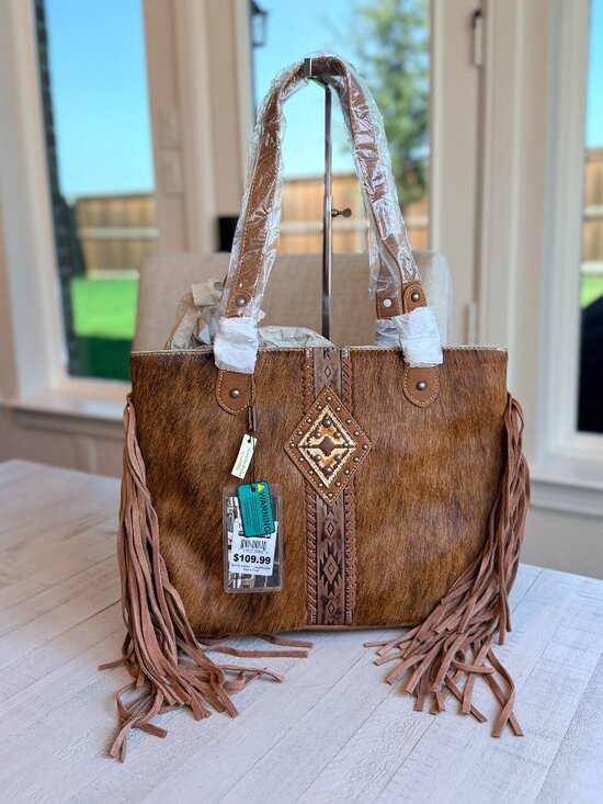 Trinity Ranch Handbags - Trinity Ranch Hair On Cowhide Concealed Carry Tote - Brown